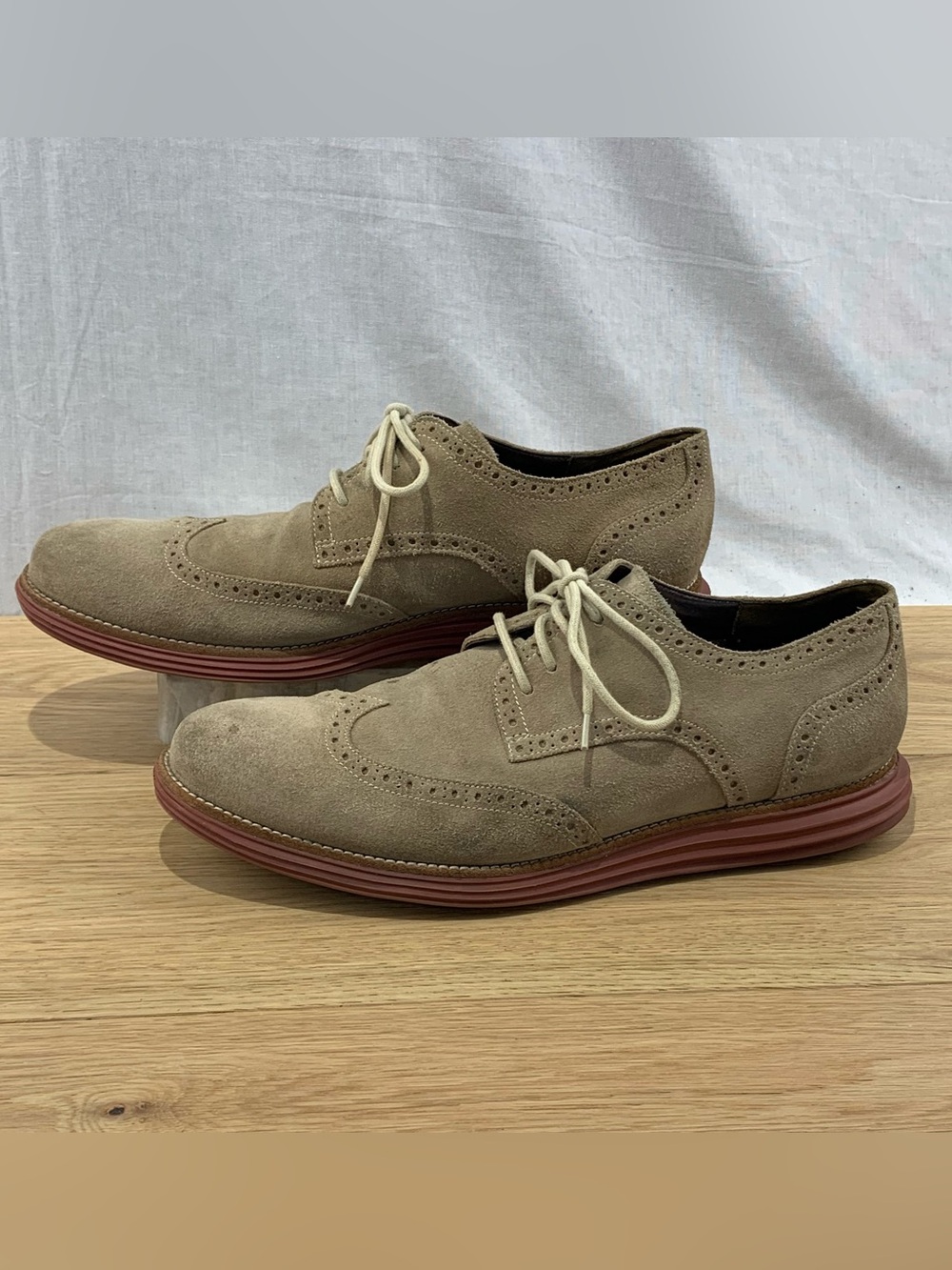 Cole Haan LunarGrand Wingtip Oxfords Milkshake Beige Suede Red Sole Men's Sz 13